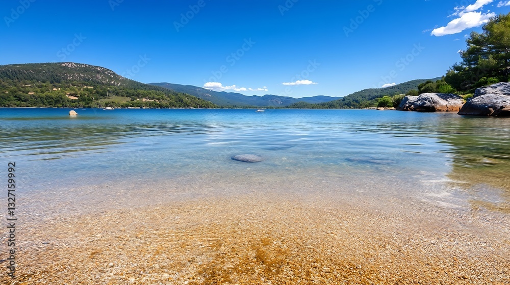 Aufkleber serene lakeside view with clear blue water reflecting the sky during a sunny day in nature : generat
