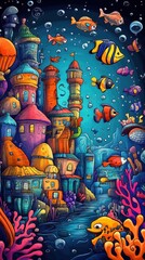 Obraz premium A colorful underwater city with various swimming fish around it
