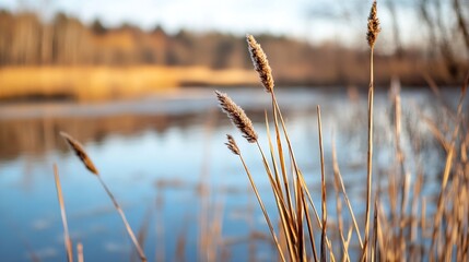 Fototapeta premium Close Up of Tall Grasses by a Still Pond Capturing the Beauty of Nature : Generative AI