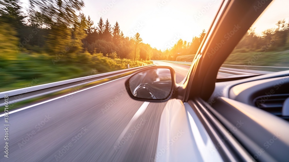 Poster dynamic motion capture of car driving on serene road with sunset in background showcasing freedom an