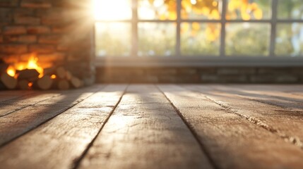 A cozy home interior with warm sunlight pouring through the windows and a fireplace burning. Generative AI