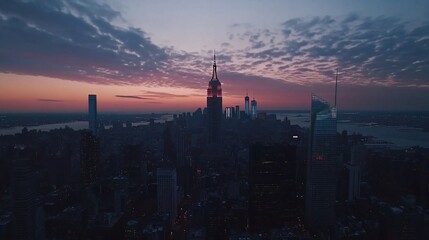 Naklejka premium Aerial Manhattan sunrise, cityscape, twilight, cloudscape, river