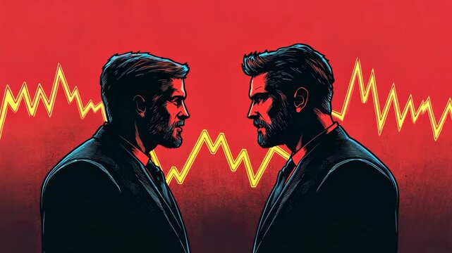 Two massive economic forces colliding in a fiery battlefield, symbolizing an intense trade war.