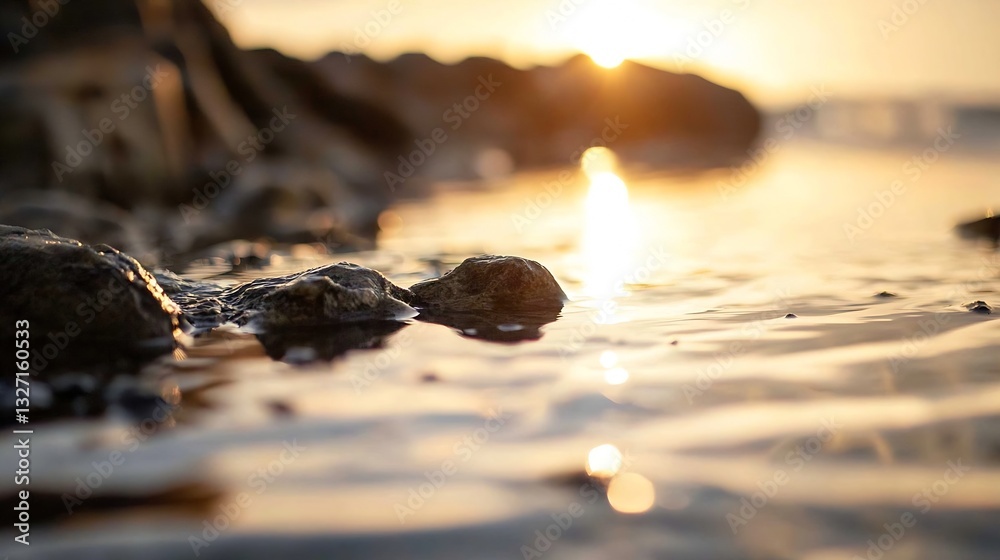 Aufkleber CloseUp of Water Surface at Sunset with Stones and Gentle Waves Creating a Calm Atmosphere : Generative AI