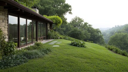 A serene landscape featuring a modern home with expansive glass windows, surrounded by lush greenery and rolling hills.