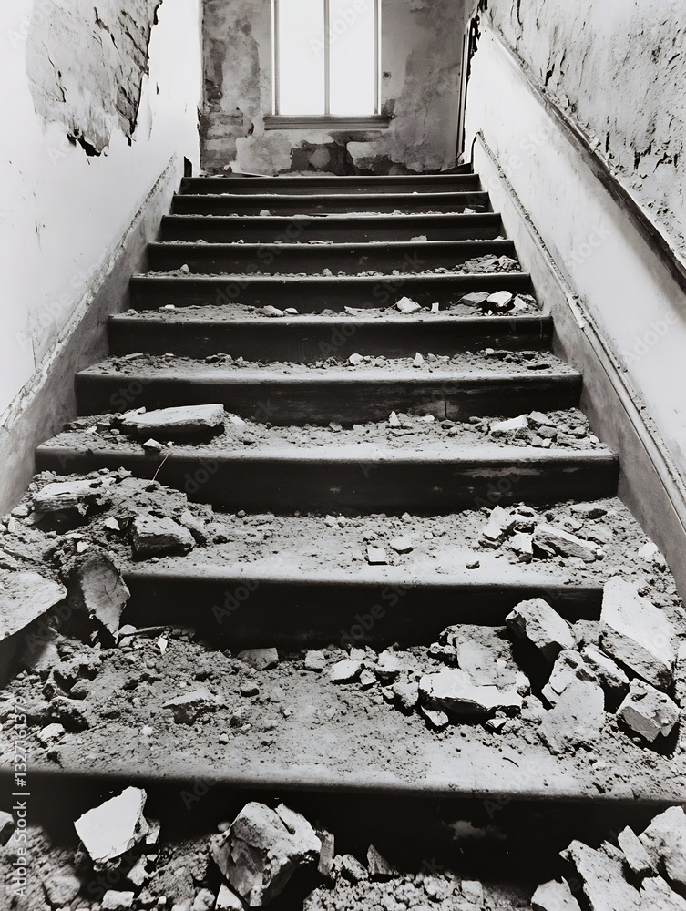 Poster abandoned staircase covered with debris and dust creating a haunting atmosphere of neglect : generat