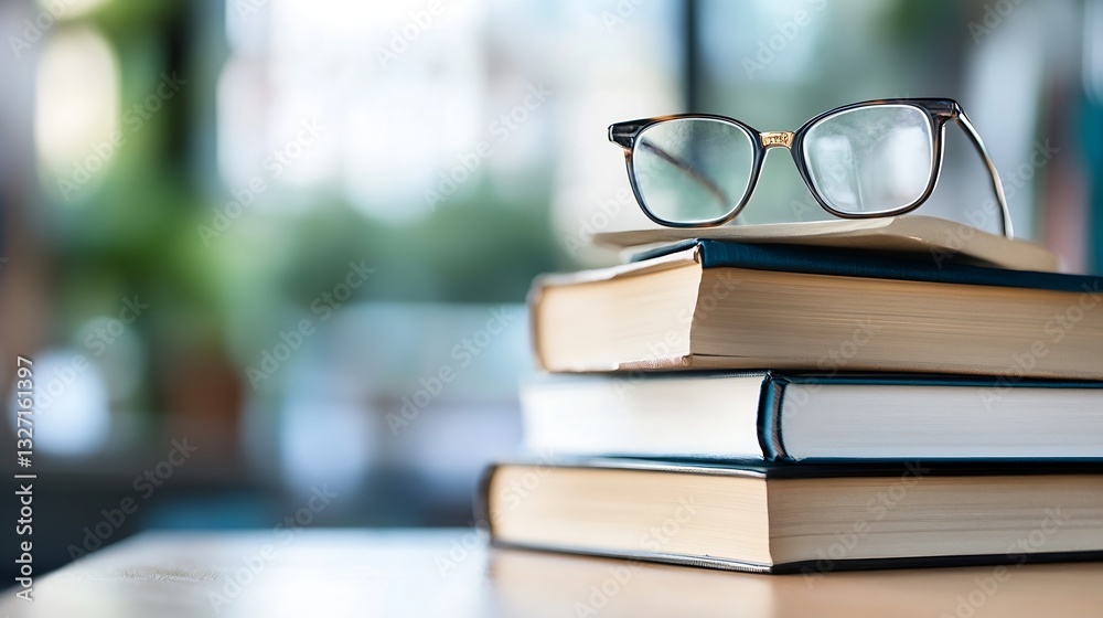 Poster Stylish reading glasses resting on a stack of pristine books in a cozy academic setting : Generative AI