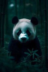 A giant panda leisurely gnawing on bamboo deep in the bamboo forest