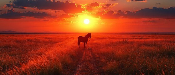 Obraz premium Sunset Serenade: A lone horse silhouetted against a fiery sunset in a vast, golden field.