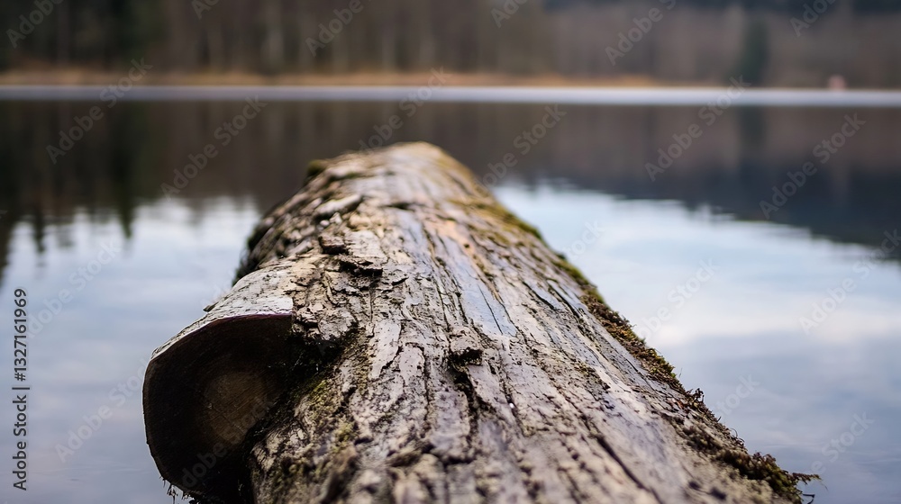 Aufkleber Close up view of a weathered log resting on the shore reflecting in a tranquil lake : Generative AI
