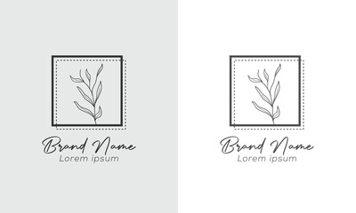 Elegant Botanical Logo Design with Square Frame and Leaf Illustration