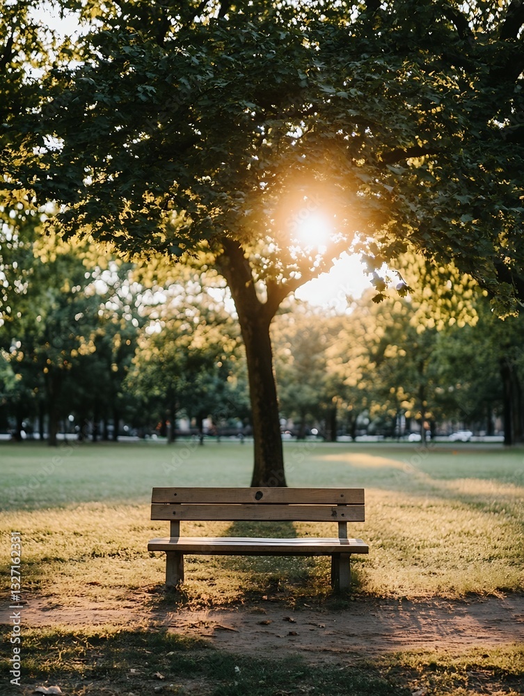 Aufkleber peaceful park scene featuring a wooden bench under a tree with sunlight filtering through leaves : g
