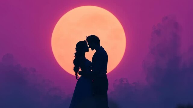 Radha and Lord Krishna Hugging at Sunrise: Spiritual Love and Devotion During Krishna Janmashtami Celebration with Vibrant Colors and Serene Silhouette for Peaceful and Devotional Atmosphere