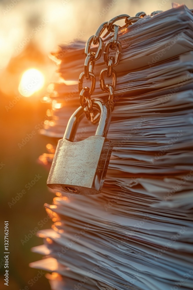 Poster a padlock securing a stack of papers against a warm sunset backdrop, ideal for use in financial or c