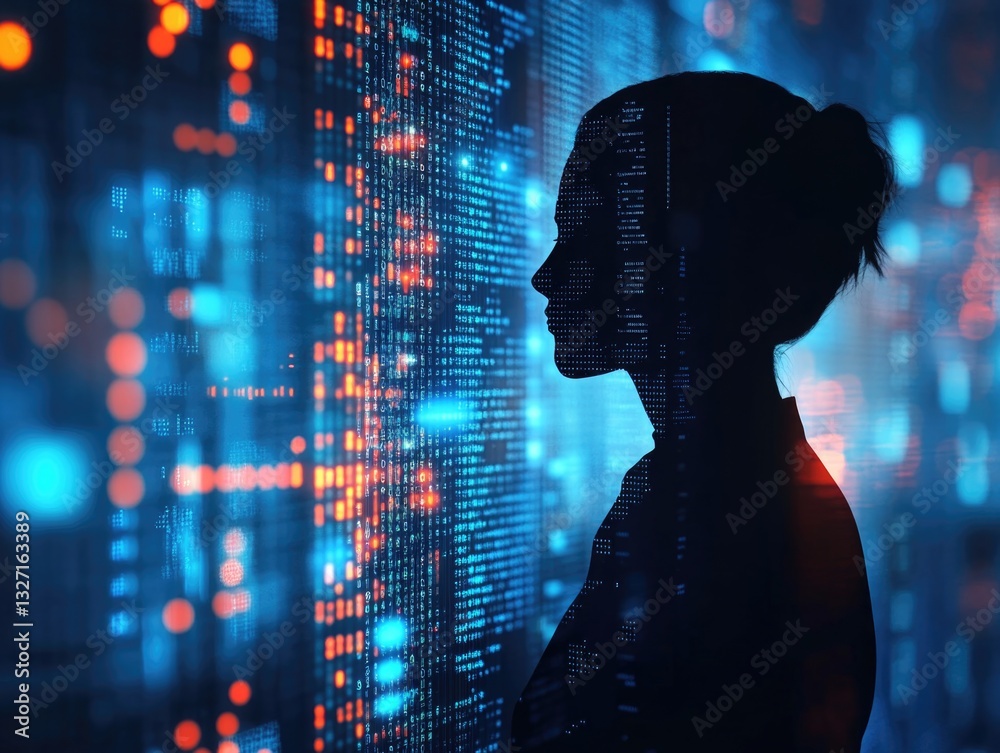 Aufkleber a woman stands in front of a wall of numbers, ideal for use in financial or business contexts
