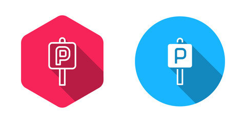 Filled and outline Parking icon isolated with long shadow background. Street road sign. Vector