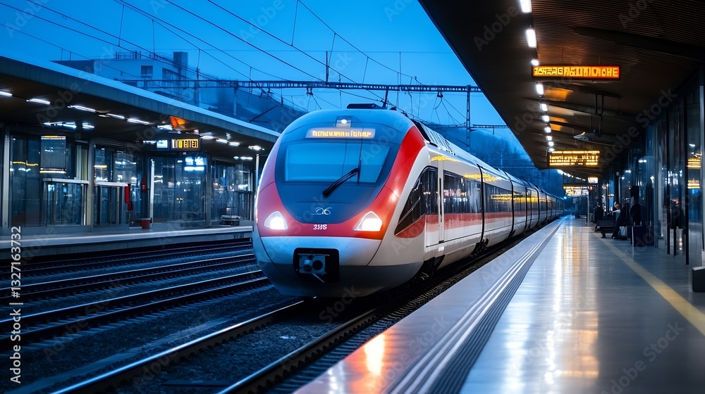 Poster dynamic and modern train arriving at a busy city station during twilight hours : generative ai