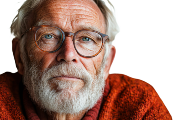 Elderly man with glasses and beard in warm sweater