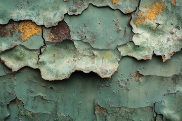 Obraz premium Weathered teal paint peeling away from rusted metal surface creating a textured abstract background and industrial mood with a close up shot and high detail