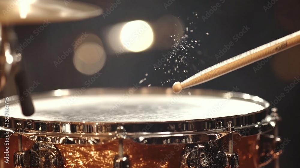 Poster a close-up shot of a drum with a pair of drumsticks