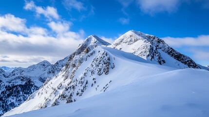 Majestic Snow Covered Mountains Under Clear Blue Sky Creating Stunning View : Generative AI