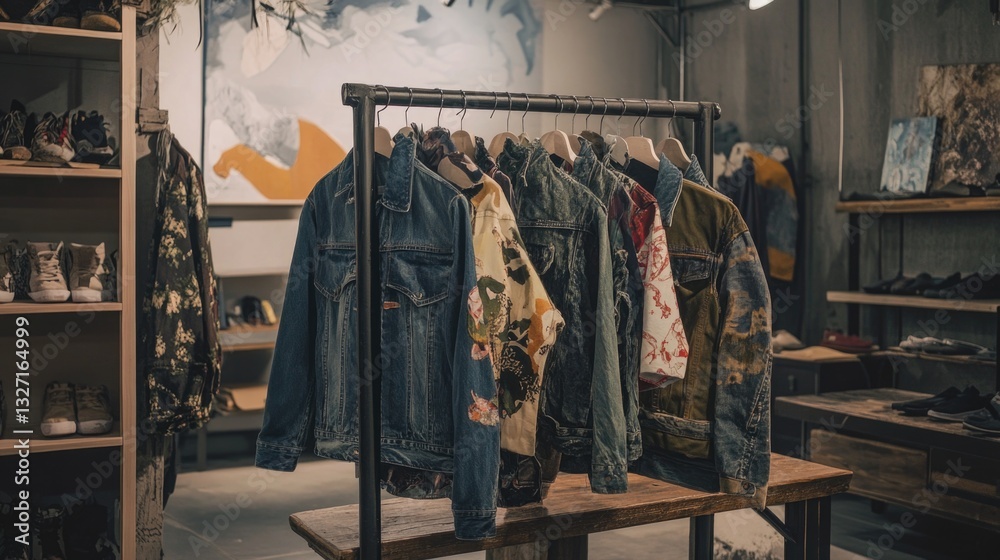 Poster Clothes rack with various items in a store setting