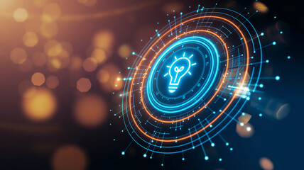 Abstract digital lightbulb in glowing circular interface, representing innovation, technology, and new ideas, perfect for tech or startup concepts