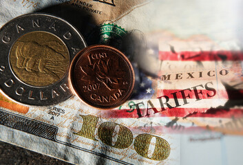 US hundred dollar bill with Mexico text and Canadian coins
