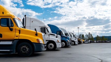 Row of commercial trucks parked in a lot against a backdrop of blue sky and clouds : Generative AI