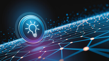 Blue glowing lightbulb icon on a digital network background, symbolizing innovation, connection, and technological advancement, ideal for tech or business concepts