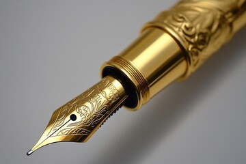 A close-up image of a fountain pen with a gold nib resting on top, ready for use