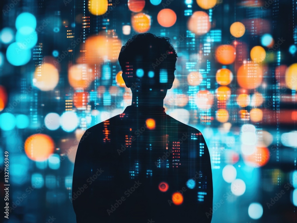 Poster a person standing in front of a vibrant and dynamic background, great for use in presentations, soci