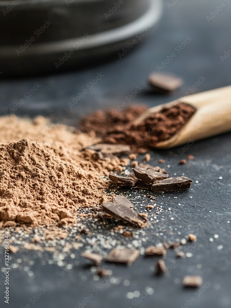 Poster rich cocoa powder and dark chocolate pieces arranged beautifully on a dark background : generative a