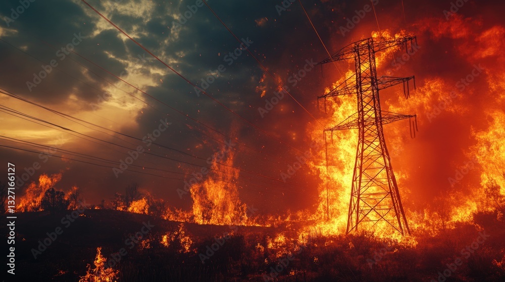 Poster a large fire burning in a field with power lines nearby