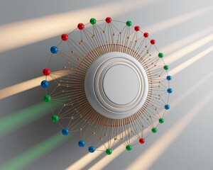 Abstract 3D rendering of circular structure with colorful spheres connected by thin wires showcasing network or connection concept, ideal for technology or science themes, with blank central circle