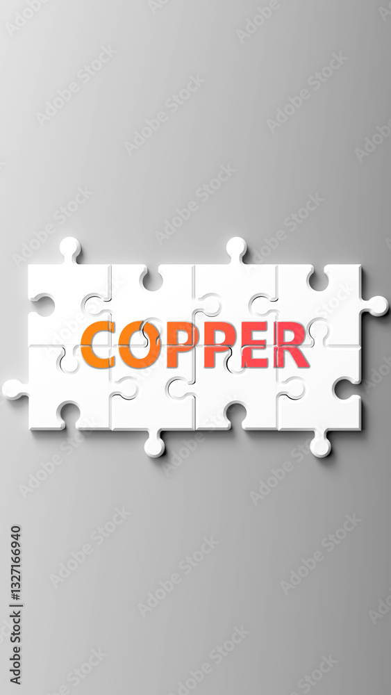 Poster Copper complex like a puzzle - pictured as word copper on a puzzle pieces to show that copper is complex and needs cooperating pieces that fit together. ,3d illustration