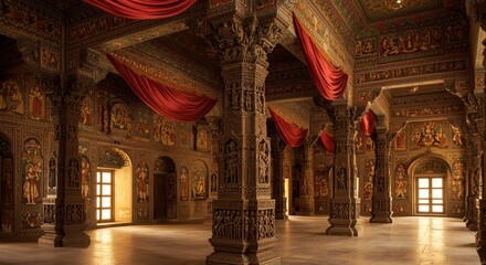 Fototapeta premium Ornate Indian Temple Interior with Carved Pillars and Red Fabric Drapes