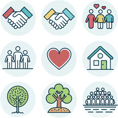 Set of Community-Themed Icons with Editable Stroke in Vector Format
