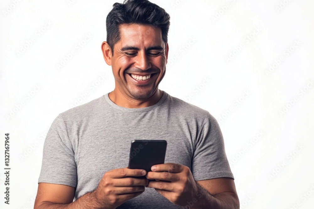 Poster A person smiling while looking at their mobile device