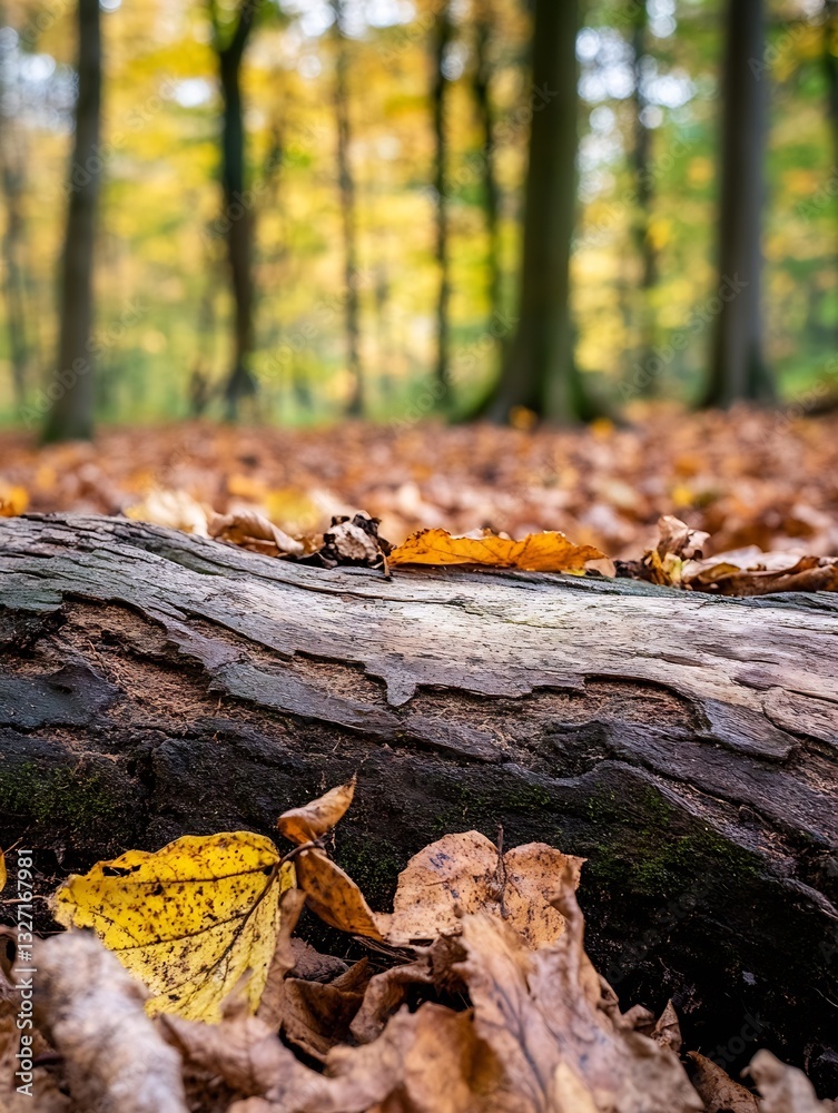 Poster Autumnal scene with fallen leaves on the ground and a log surrounded by vibrant trees : Generative AI