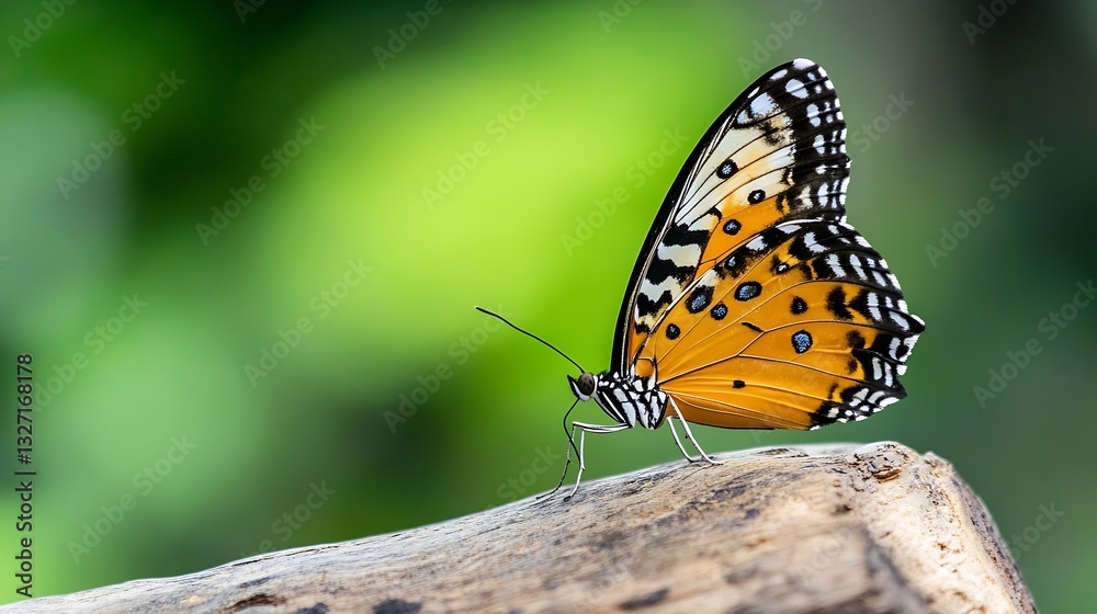 Poster beautiful closeup of a vibrant orange butterfly resting on a wooden surface surrounded by greenery :