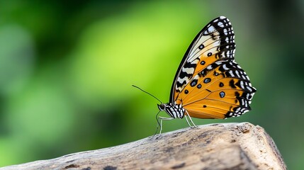 Obraz premium Beautiful closeup of a vibrant orange butterfly resting on a wooden surface surrounded by greenery : Generative AI
