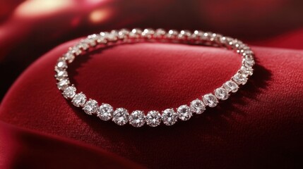 Fototapeta premium A diamond tennis necklace with round-cut stones arranged elegantly on a velvet pad