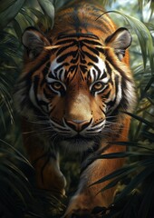 A majestic tiger prowling through dense jungle foliage, its intense gaze and powerful presence capturing the essence of strength and wild beauty