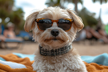 cute dog wearing sunglasses, relaxing on beach towel, enjoying sun
