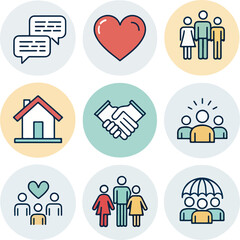 Set of Community-Themed Icons with Editable Stroke in Vector Format