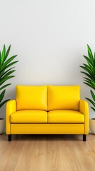 Modern living room featuring a yellow couch accompanied by two green plants for a vibrant and inviting decor