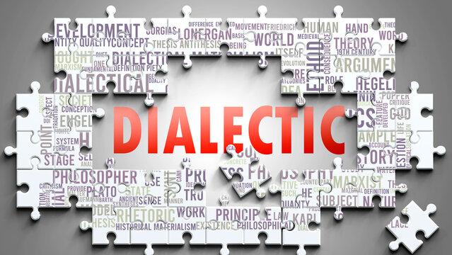 Dialectic as a complex subject, related to important topics. Pictured as a puzzle and a word cloud made of most important ideas and phrases related to dialectic. ,3d illustration