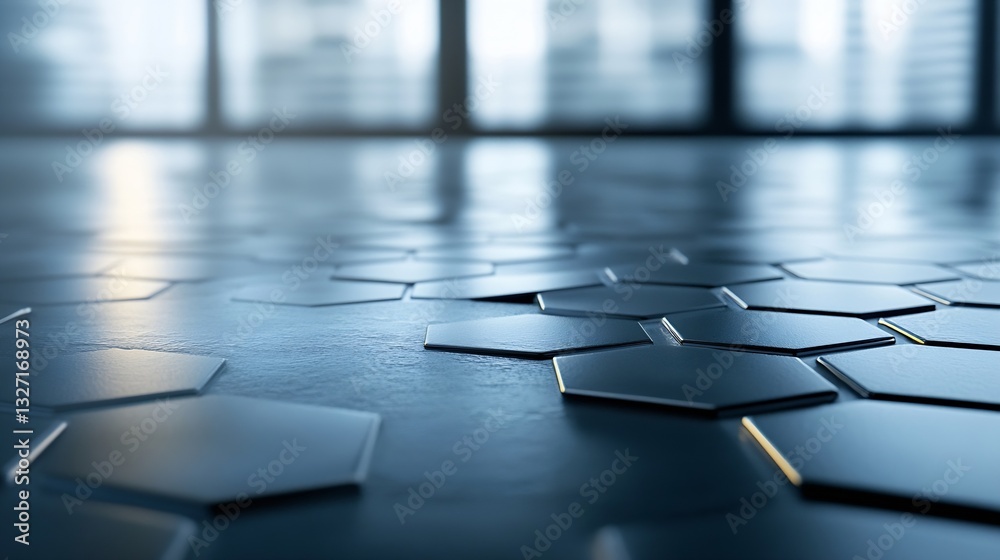Poster close up view of hexagonal tiles on a modern floor reflecting soft light and showcasing a sleek desi
