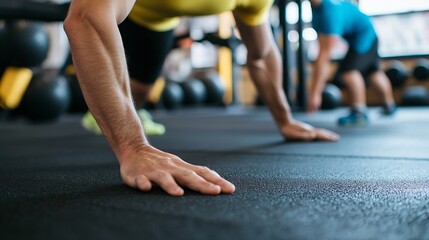Naklejka premium Focused male exercising push ups in a fitness studio showcasing hard work and commitment to fitness : Generative AI